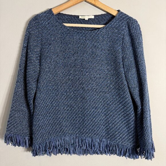 Maje Latino Fringed Sweater Pullover Womens 2 Medium Blue Tweed Coastal Designer - Picture 4 of 11